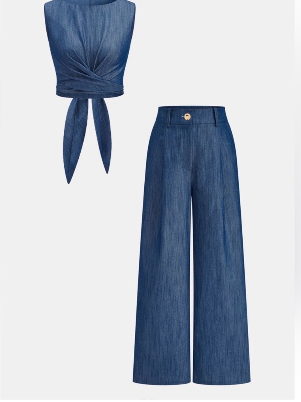 Commense Blue Wide-Leg Pantsuit with Tie-Front Crop Top
